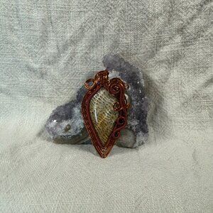 Handmade Fossilized Coral Natural Stone Copper Wire Wrapped Statement Pendant